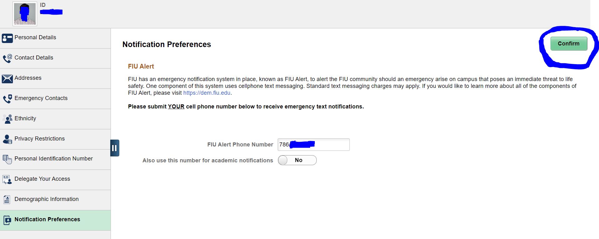 3rd step for students to sign up for FIU Alerts